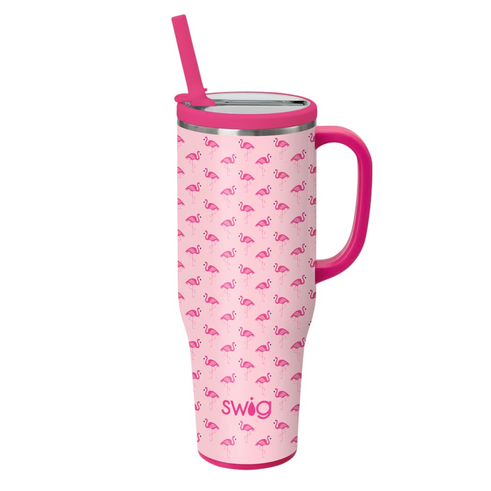 Front view of the Swig Life Flamingos Mega Mug 40oz featuring playful flamingos on a glitter pink background.