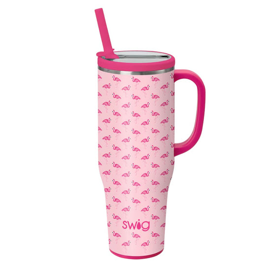 Front view of the Swig Life Flamingos Mega Mug 40oz featuring playful flamingos on a glitter pink background.