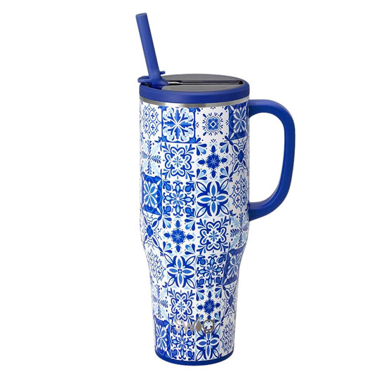 Front view of the Swig Life Indigo Tiles Mega Mug 40oz featuring coastal blue textured tile patterns on a white background.
