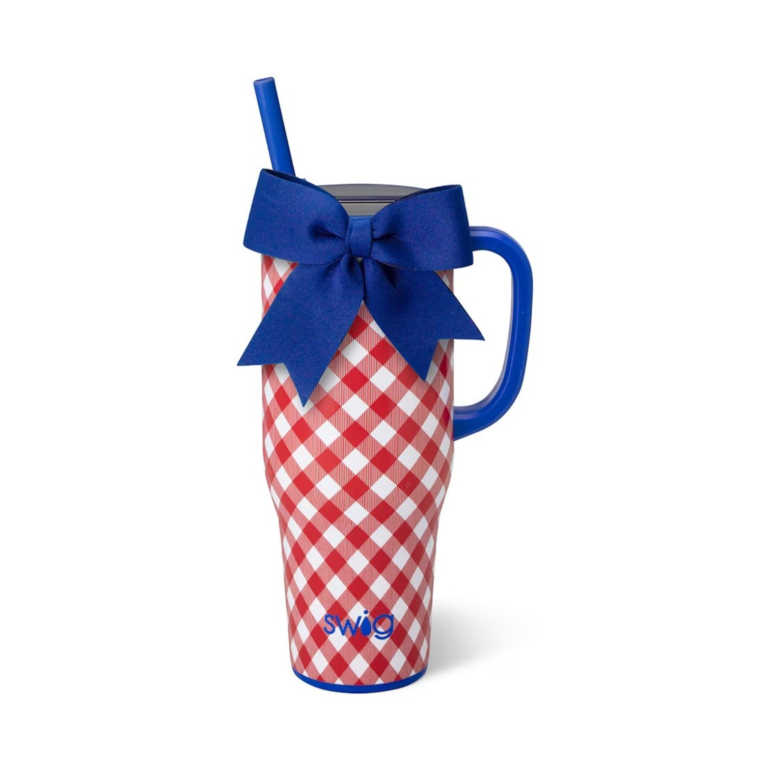 The 40oz Swig Life Mega Mug featuring a red and white checkered pattern, a royal blue handle, a blue straw, and a decorative navy blue bow.