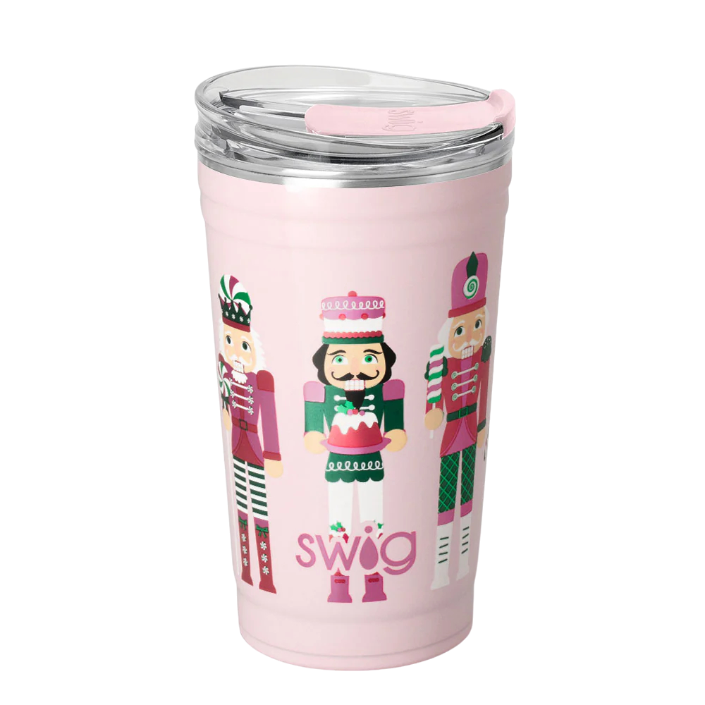Pink 24oz Swig Party Cup with Sugar Plum Soldier nutcracker design