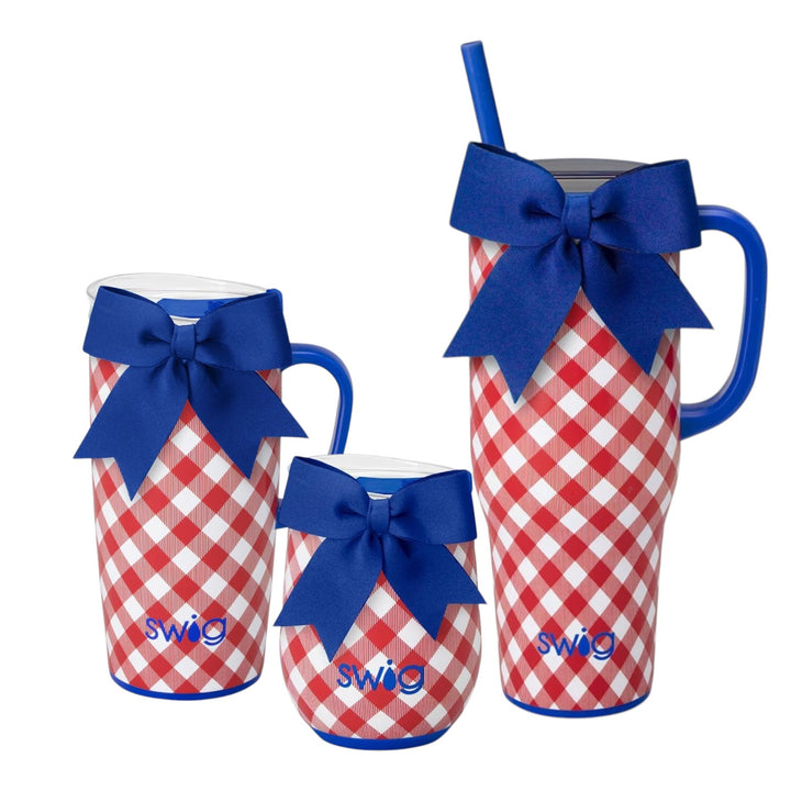 Three sizes of the Swig Life Patriotic Picnic drinkware collection arranged together on a white background, showcasing the 40oz, 22oz, and 12oz cups.
