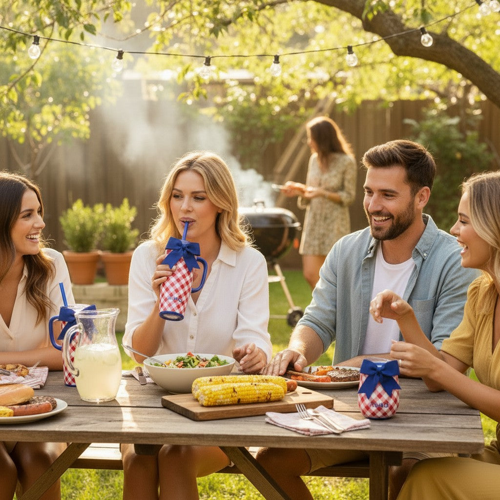 A cheerful group of friends enjoying a sunny backyard barbecue, drinking from red and white gingham Swig tumblers with blue bows.