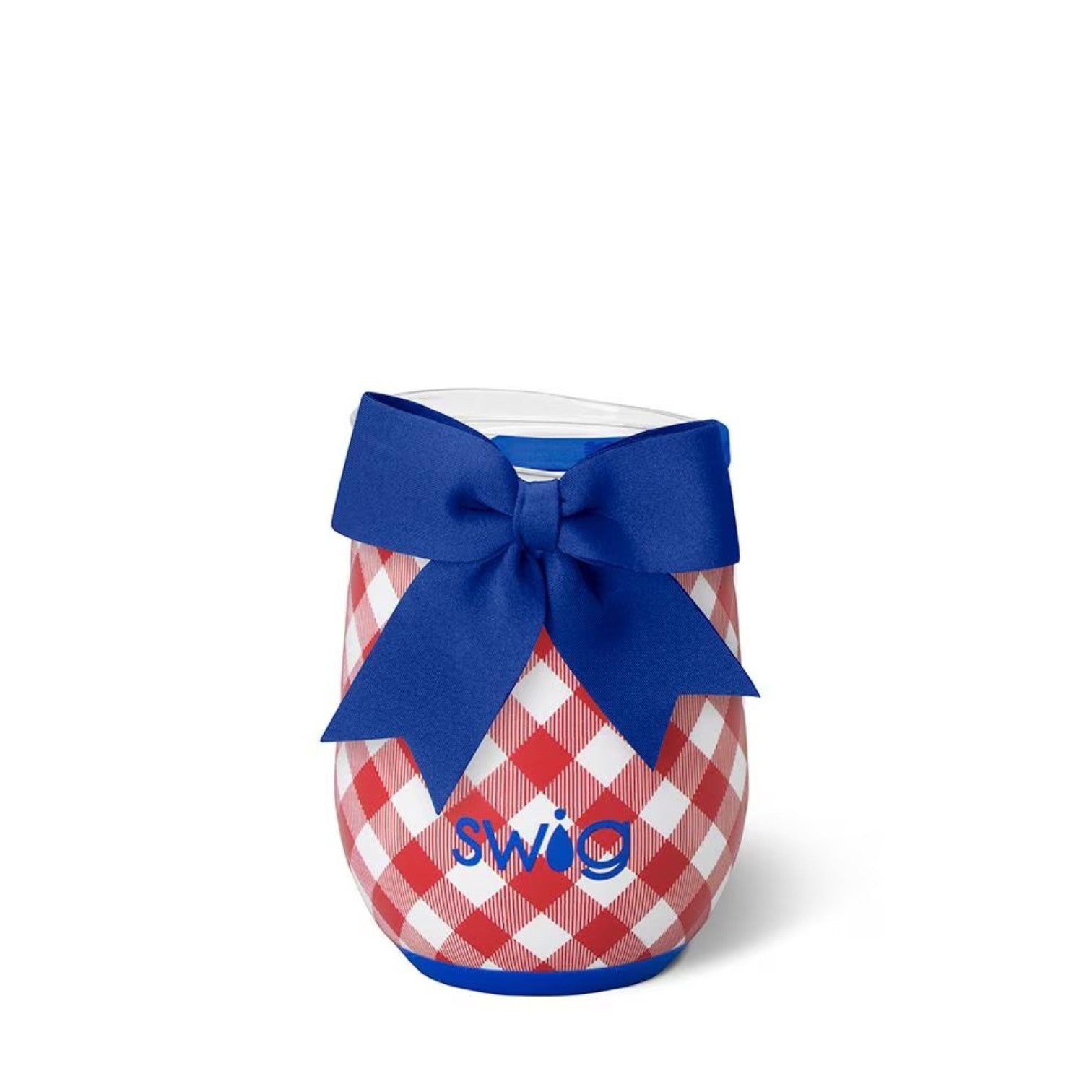 The 12oz Swig Life stemless wine cup showing a red and white checkered design, a solid blue silicone base, and a matching decorative bow.
