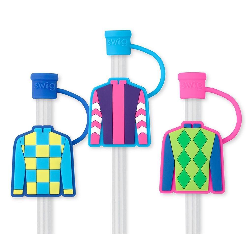 Colorful Straw Topper Set shaped like jockey silks on a white background