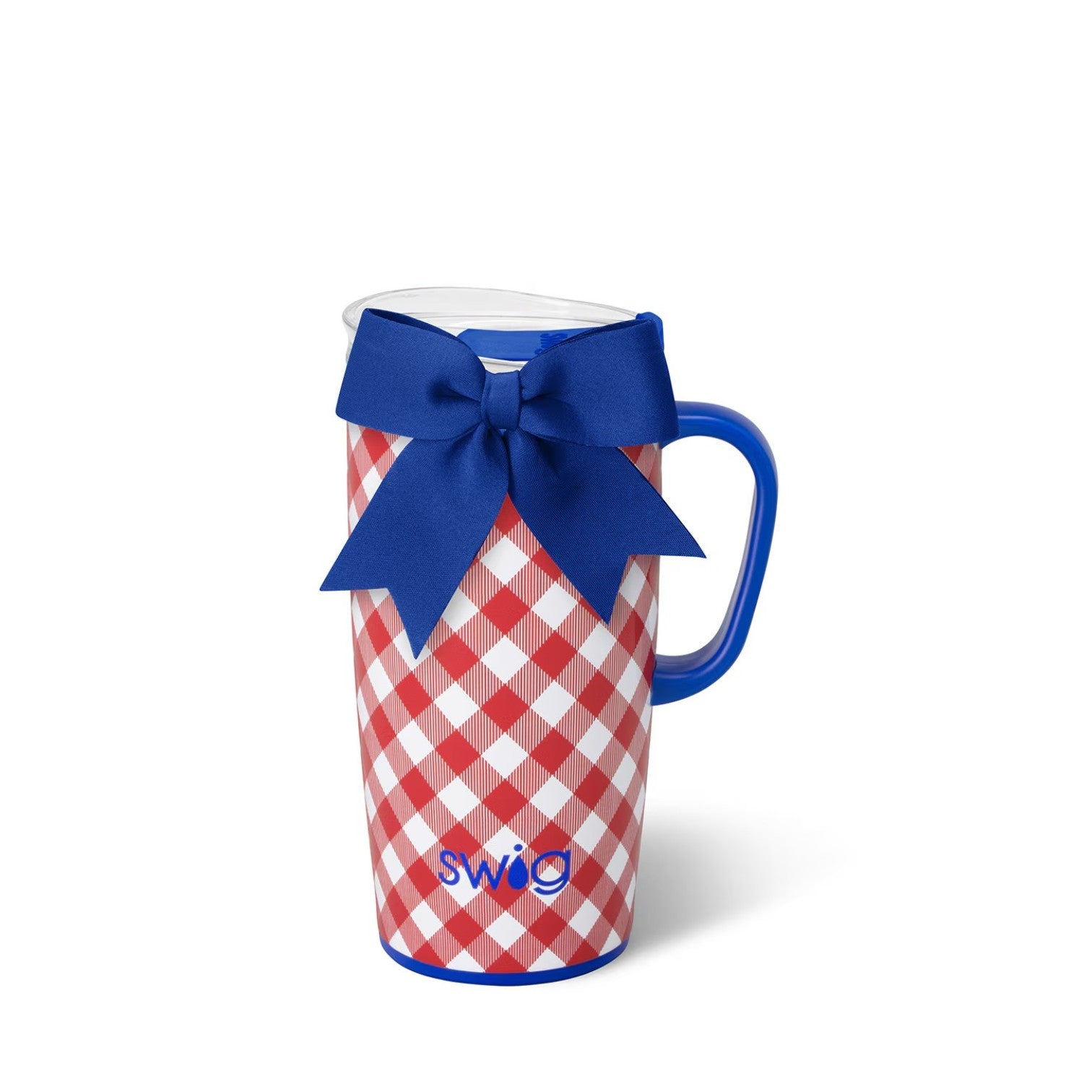 The 22oz Swig Life Travel Mug in a patriotic red and white gingham print with a royal blue handle, clear lid, and a fabric bow.