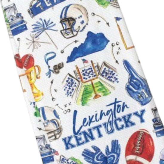 Close-up of the hand-drawn Lexington, Kentucky gameday print on the Swig Life cotton tea towel.
