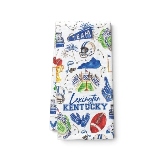 Tailgates in Lexington Tea Towel with a spirited hand-drawn Swig Life Kentucky gameday design.