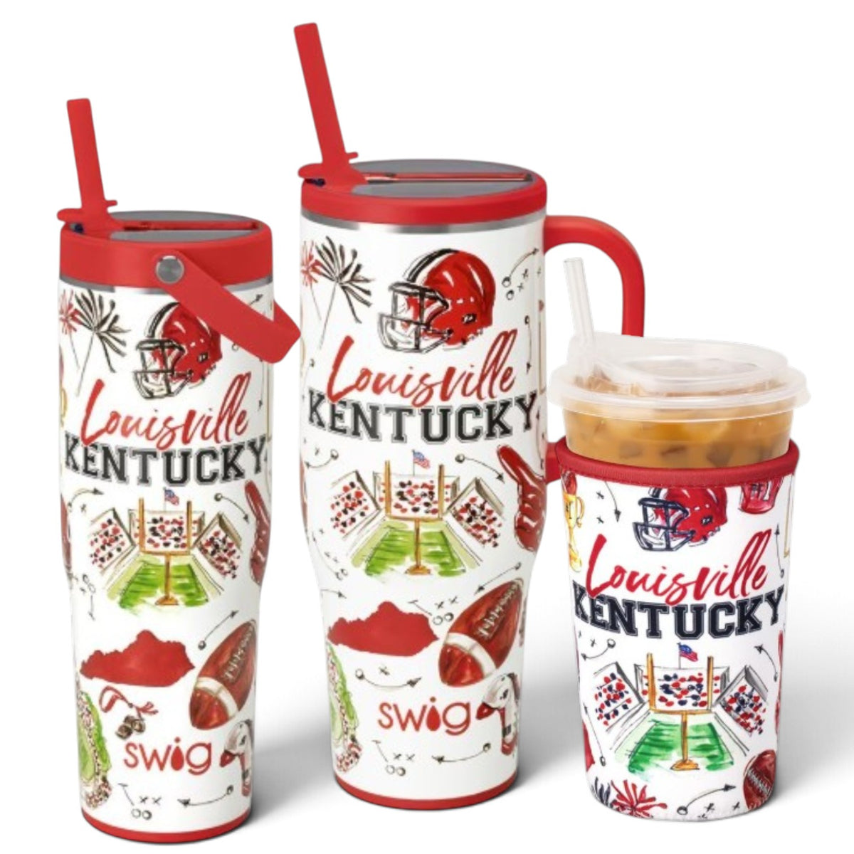 Tailgates in Louisville Drinkware Collection showing the mega mug, to-go tumbler, and iced cup coolie in the hand-drawn Cardinals gameday design.