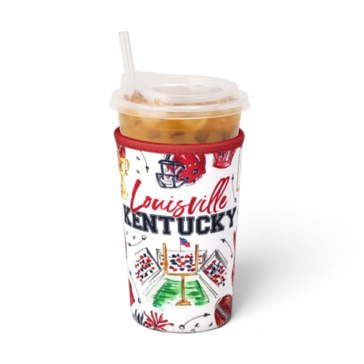 Tailgates in Louisville Medium Iced Cup Coolie wrapped around an iced coffee cup in the Cardinals gameday print.