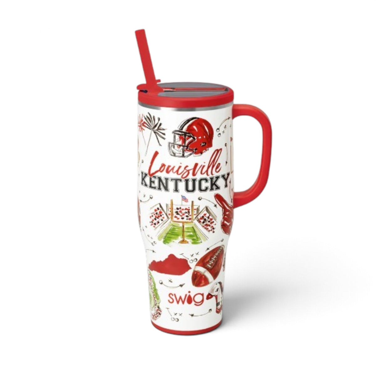 Swig Life Tailgates in Louisville Mega Mug with handle and straw in the spirited Cardinals gameday print.