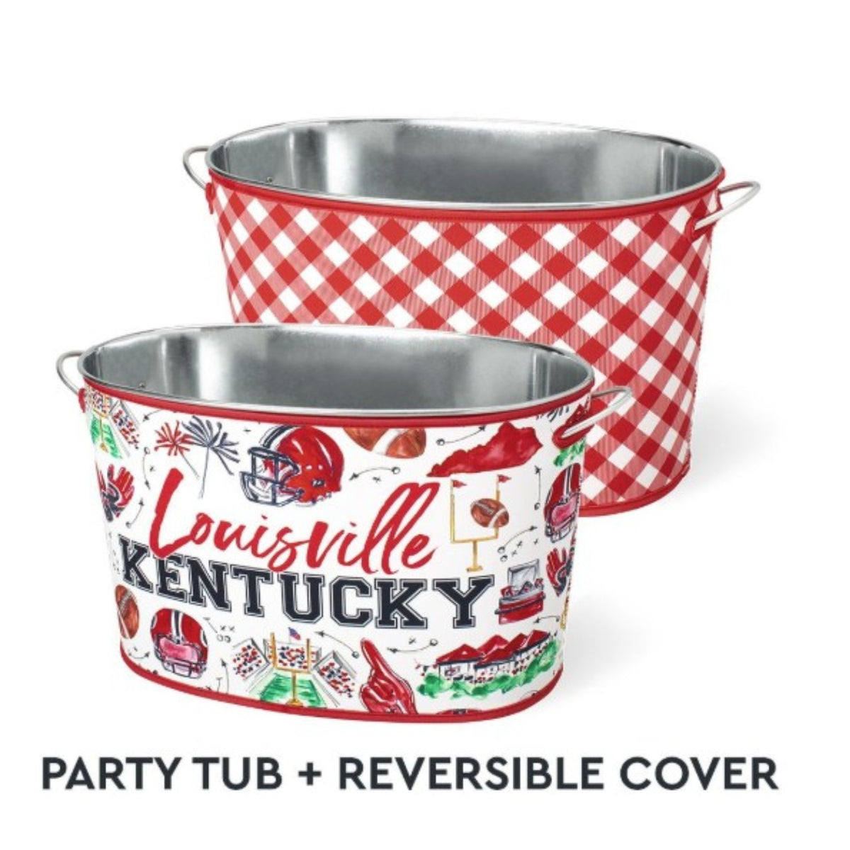  Tailgates in Louisville Party Tub Set with a spirited hand-drawn Swig Life Cardinals design on a reversible neoprene cover.