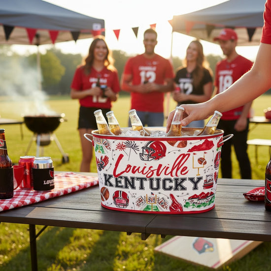 Tailgates in Louisville Party Tub styled at a college football tailgate with drinks and Cardinals fans.