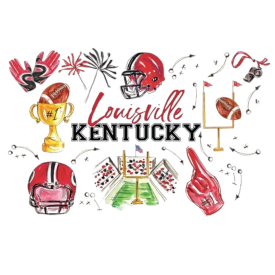 Close-up of the hand-drawn Louisville, Kentucky gameday design in red and black on the Swig Life Tailgates collection.