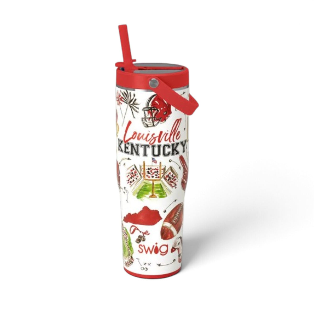 Swig Life Tailgates in Louisville To-Go Tumbler with a leakproof lid in the Louisville gameday design.