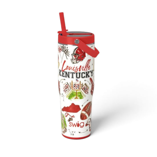 Swig Life Tailgates in Louisville To-Go Tumbler with a leakproof lid in the Louisville gameday design.