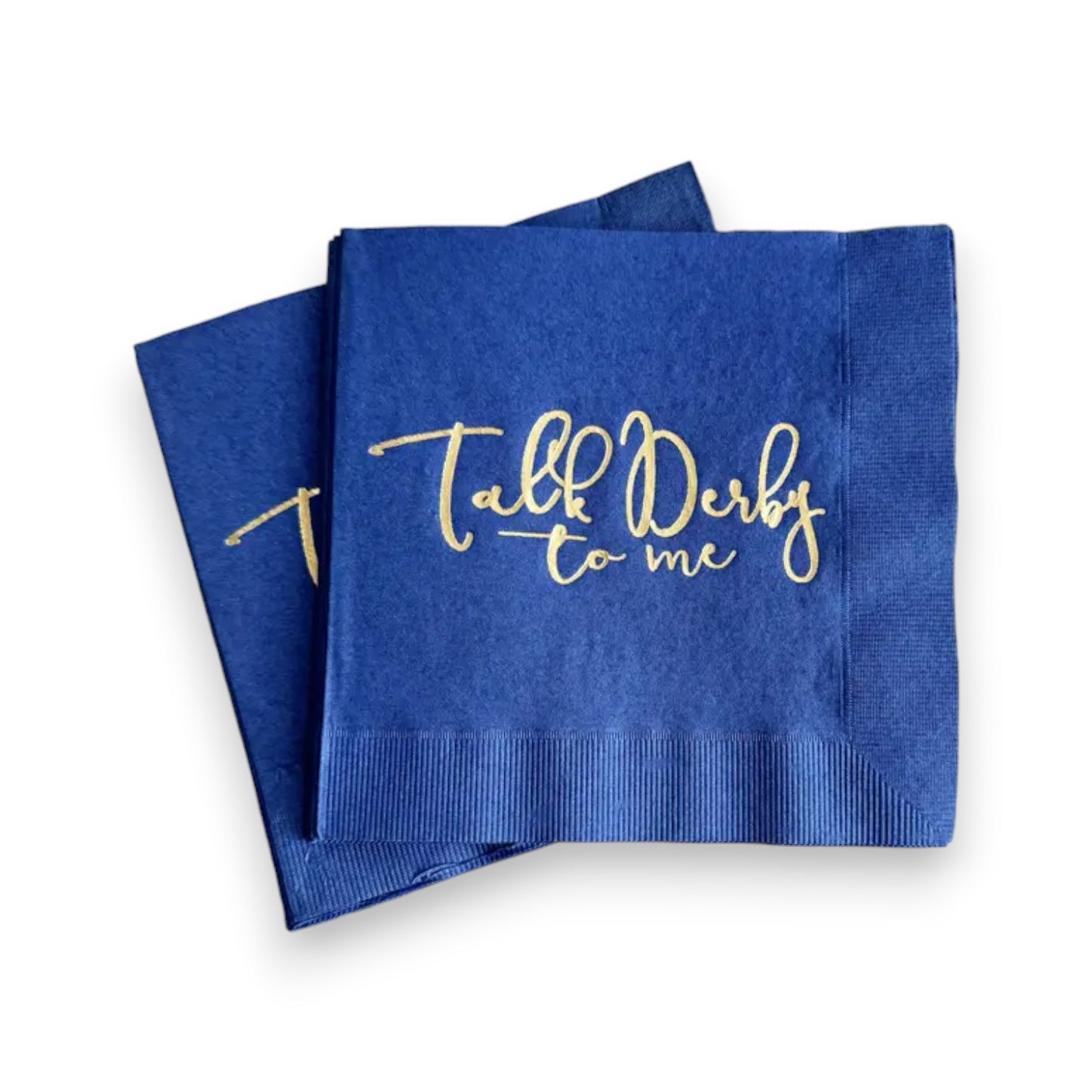 blue napkins with 'Talk Derby to me' text in gold on a white background