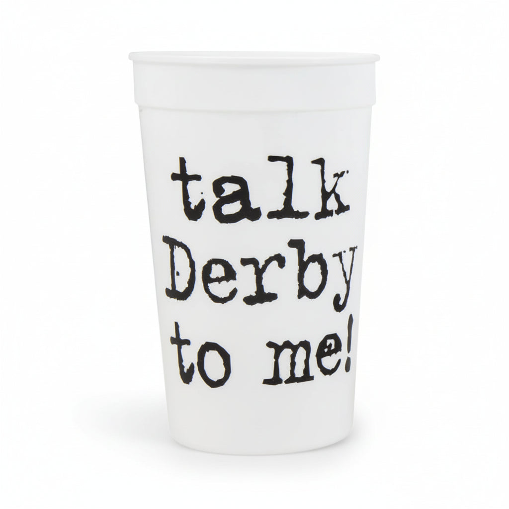 White "Talk Derby to Me" party cup with black text and a shiny plastic finish, perfect for Derby celebrations.