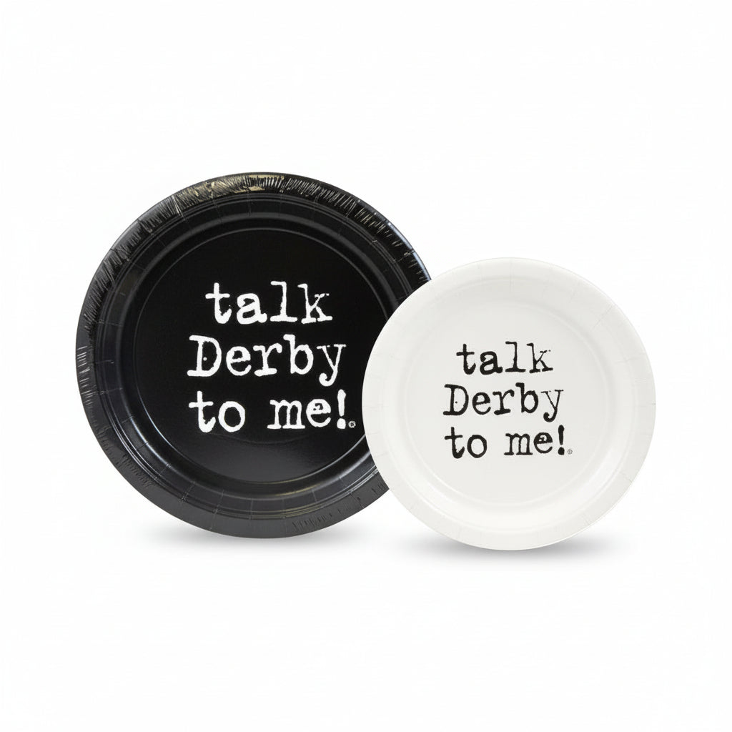 Talk Derby to Me plates in black and white with bold text, perfect for Derby-themed parties.