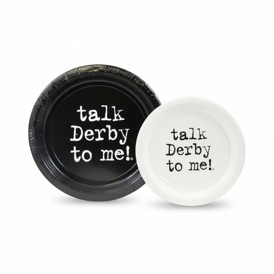 Talk Derby to Me plates in black and white with bold text, perfect for Derby-themed parties.
