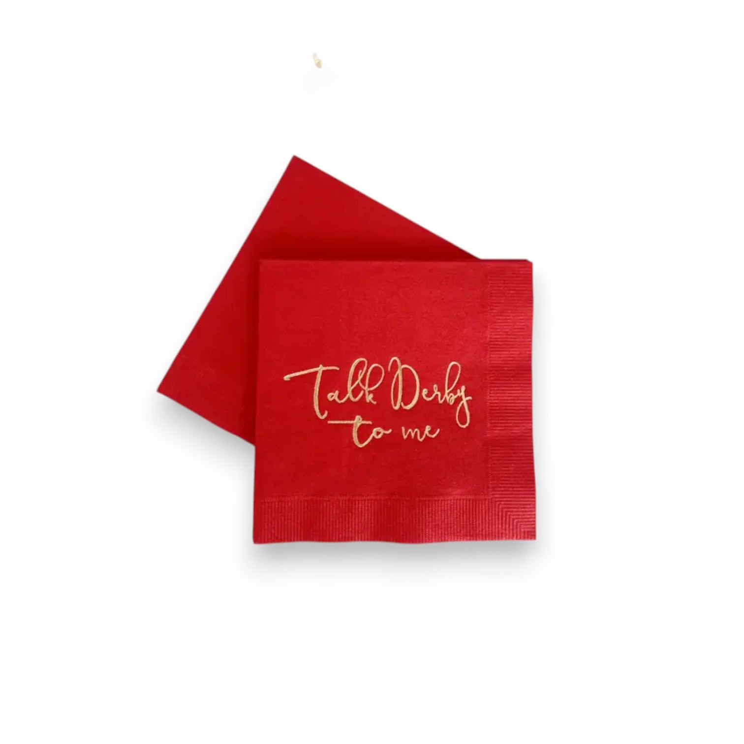 Red napkin with 'Talk Derby to me' text on a white background