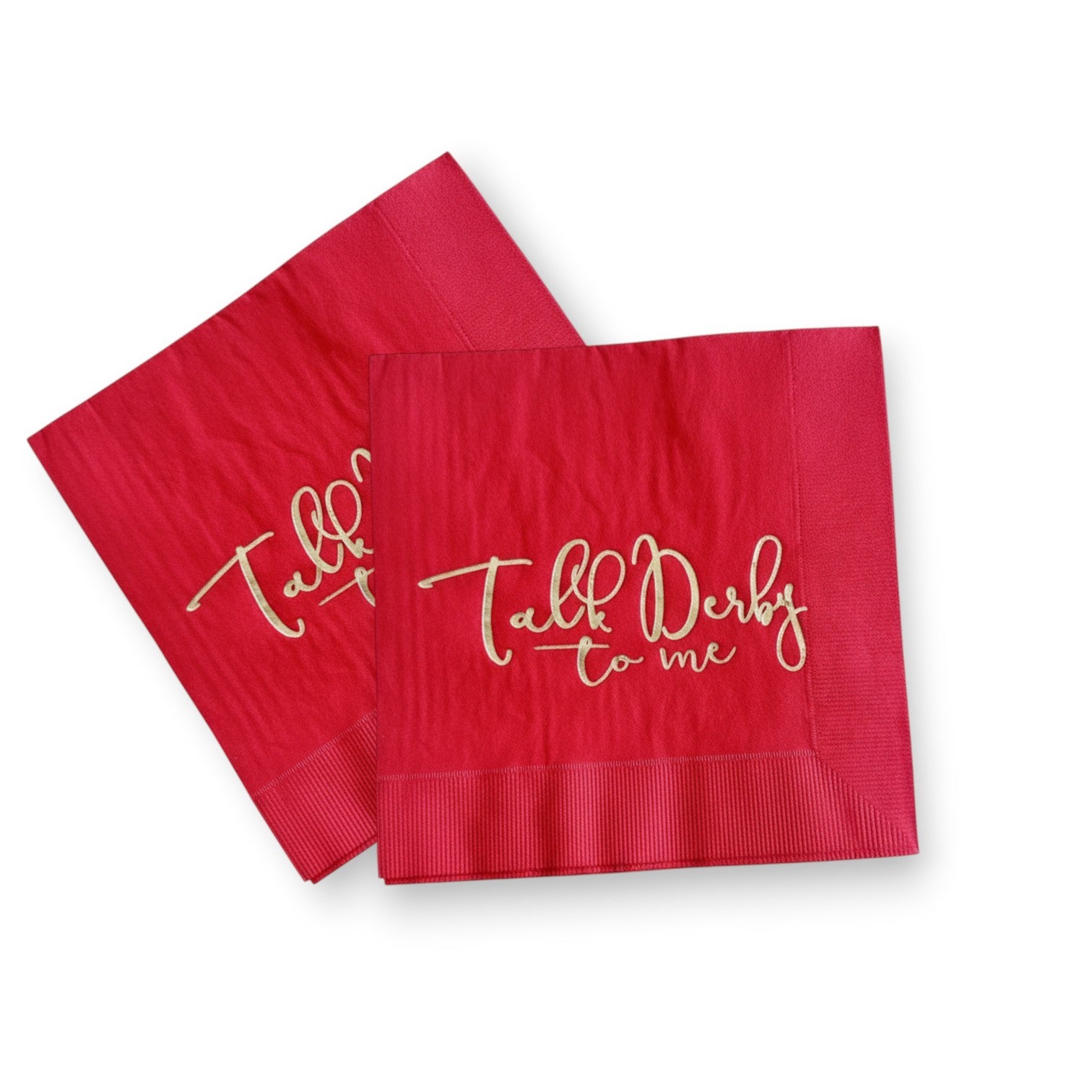  red napkins with 'Talk Derby to me' text on a white background