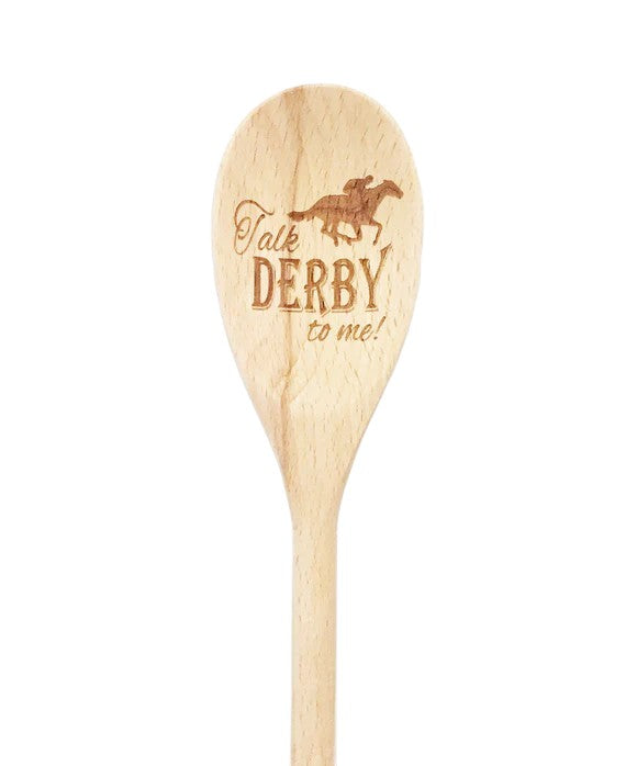 Wooden spoon with 'Talk Derby to me!' text and horse illustration on a white background