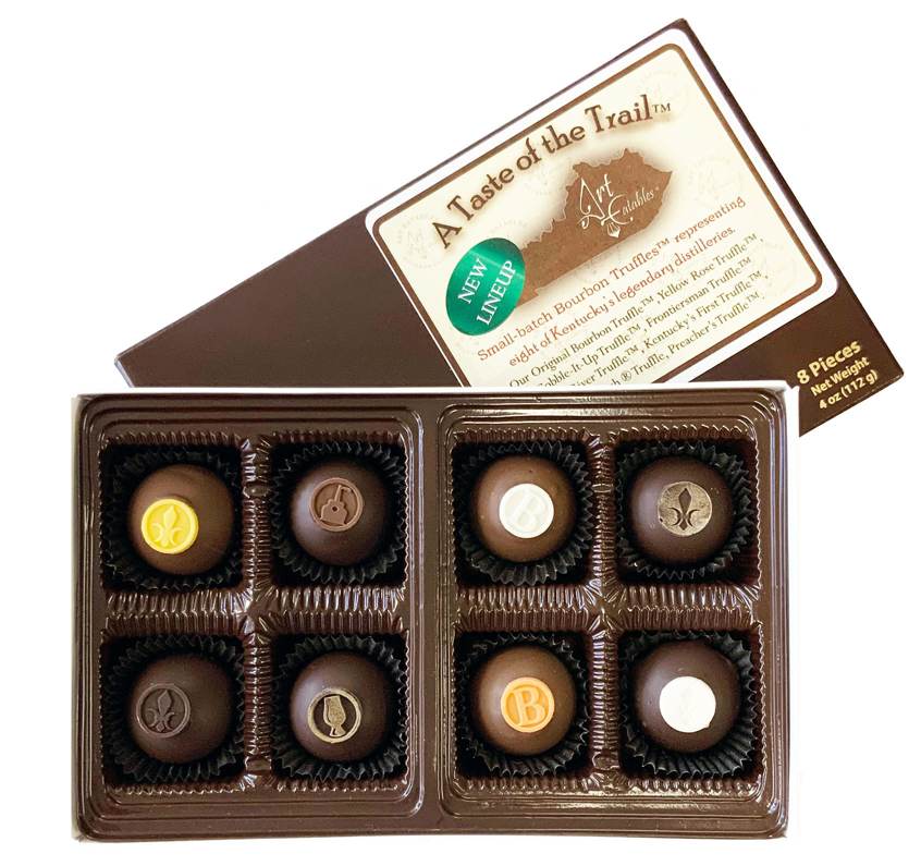 Box of chocolates with a 'Taste of the Trail' label on a white background