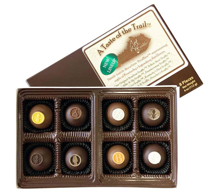 Box of chocolates with a 'Taste of the Trail' label on a white background