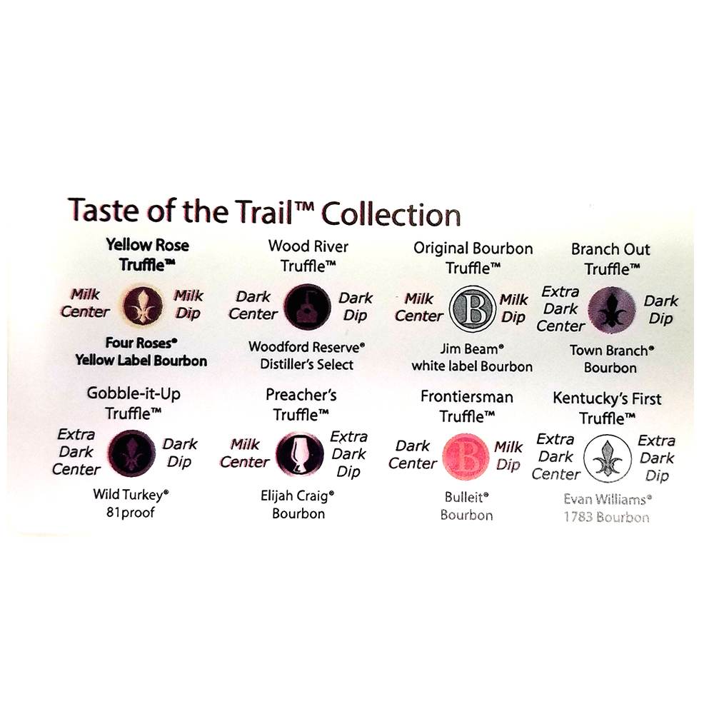 List of bourbon brands from the 'Taste of the Trail' Collection on a white background