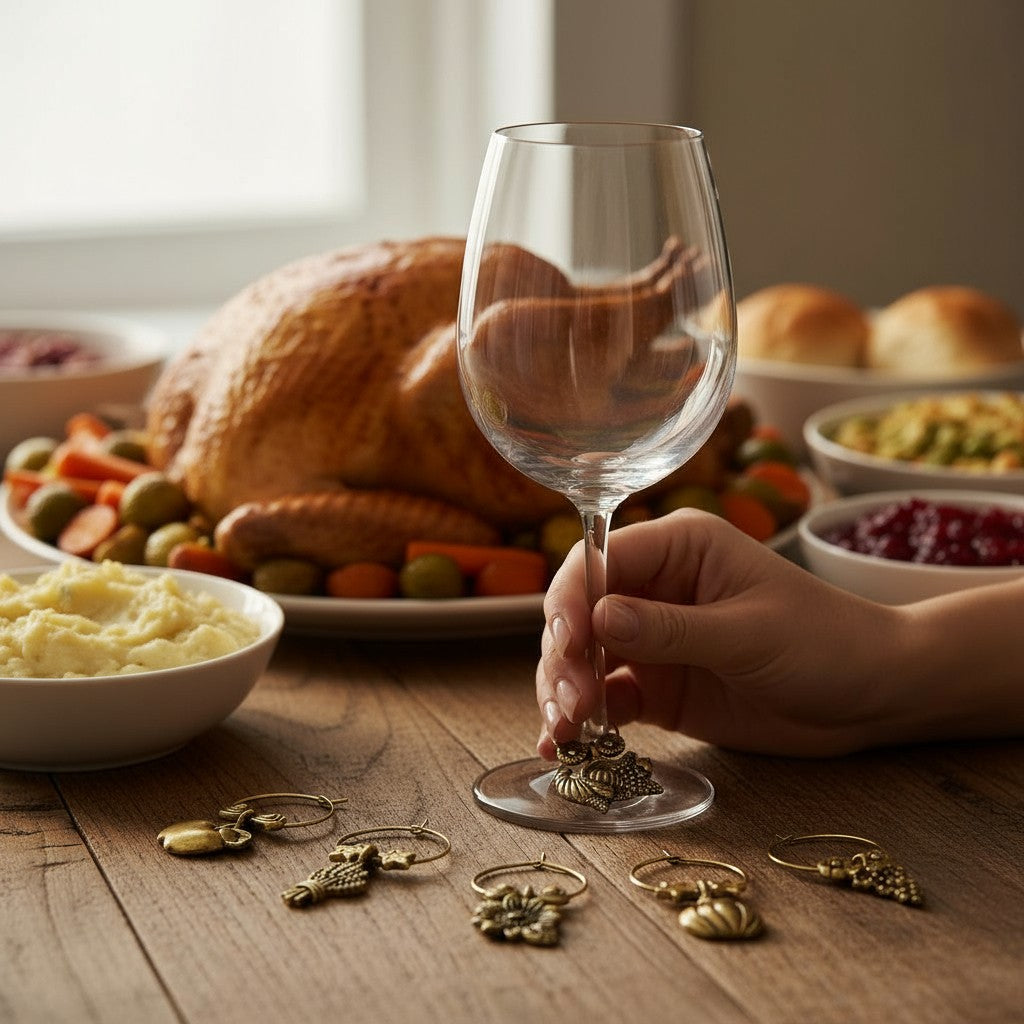 Hand holding a wine glass with a grape wine charm at a cozy Thanksgiving dinner table