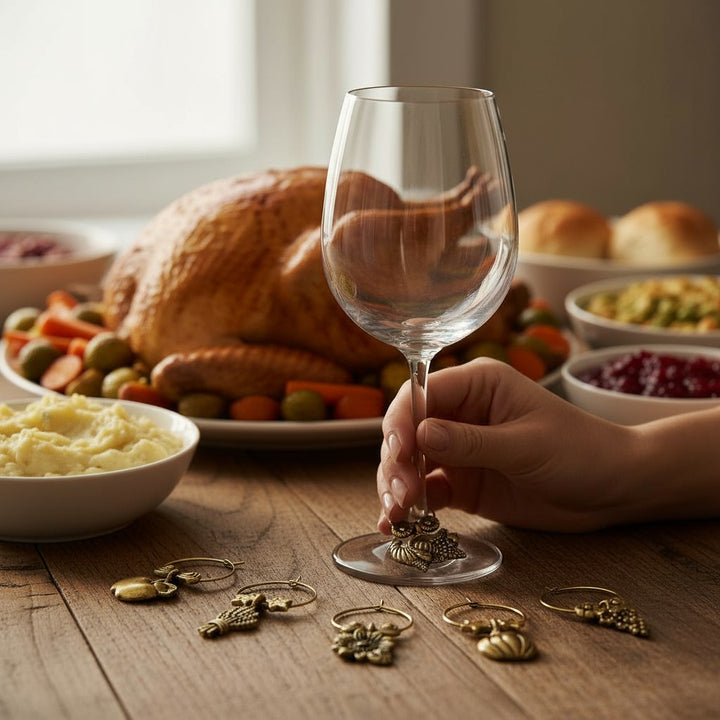 Hand holding a wine glass with a grape wine charm at a cozy Thanksgiving dinner table