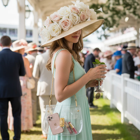  A smiling woman at a sunny outdoor event wearing a mint green dress and a rose-covered hat, elegantly carrying The Ginger clear handbag.