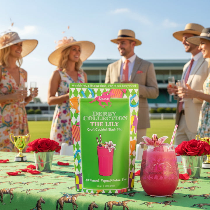 Derby Collection The Lily cocktail mix with people at a horse racing event in the background