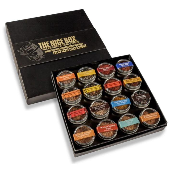 The Nice Box | 16 Mini Tins of Bourbon Smoked Sugar & Spice - A Taste of Kentucky