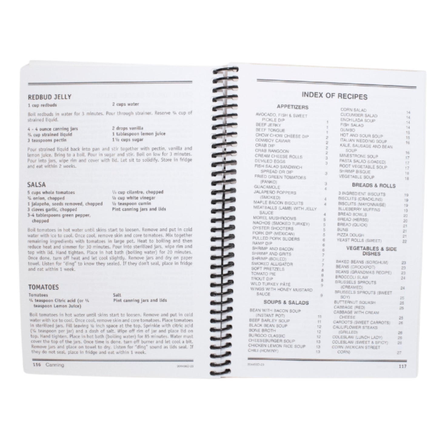 Open recipe book showing a page with text and a table of contents on a white background