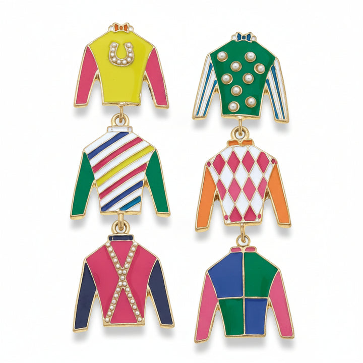 A pair of Triple Crown Jockey Silk Multi Earrings on a white background, displaying the three-tiered colorful enamel silk charms.
