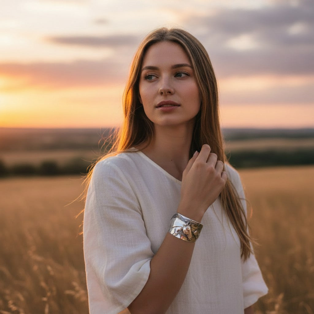 Young woman in a white linen blouse wearing the silver Two Horse Heads Cuff Bracelet on her wrist, standing in a golden-hour field at sunset.