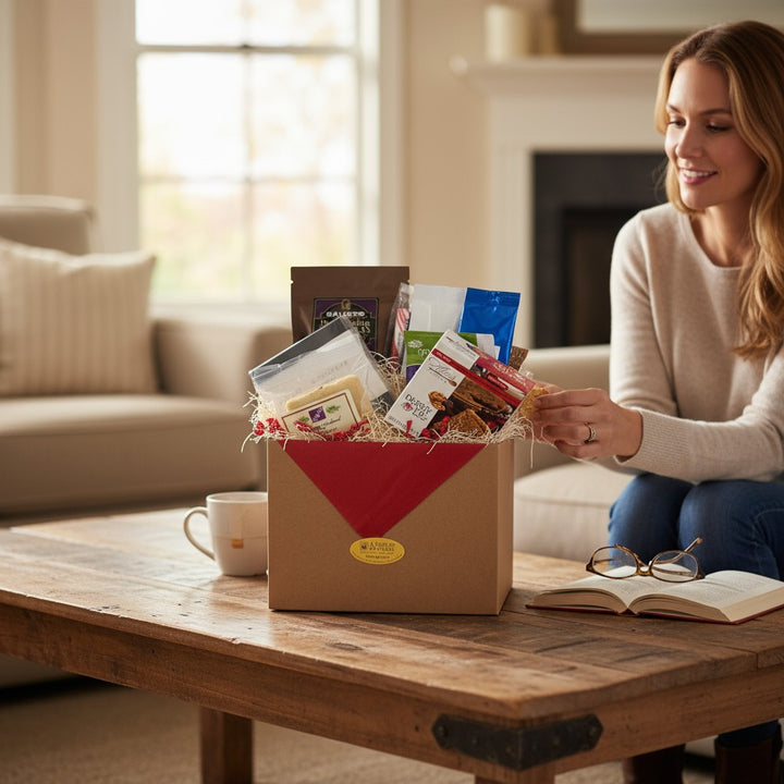 A lifestyle scene showing someone happily unboxing the Sweet Sampler Gift Box in a cozy home setting.