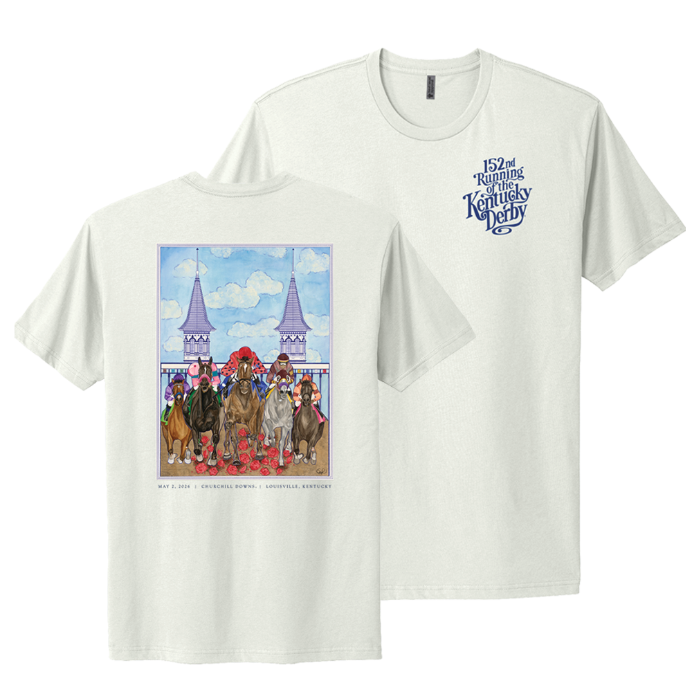 Front view of the Unisex Bone 152nd Kentucky Derby Art of the Derby Poster T-Shirt, showing the main graphic.