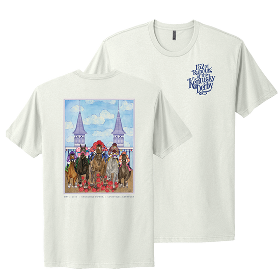 Front view of the Unisex Bone 152nd Kentucky Derby Art of the Derby Poster T-Shirt, showing the main graphic.