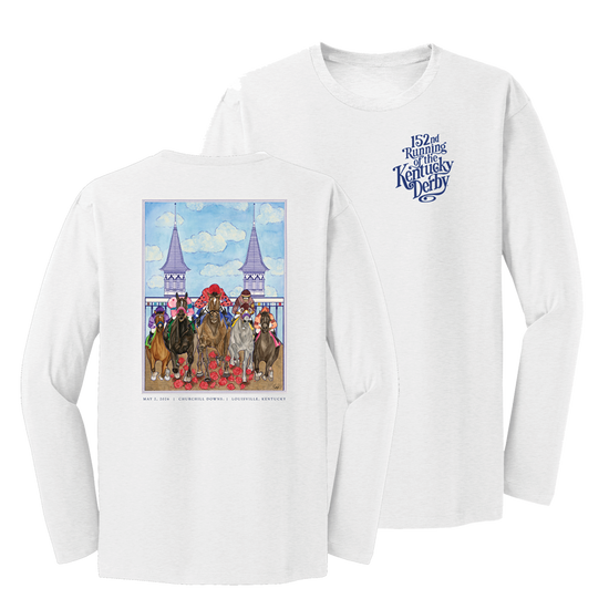 Unisex White 152nd Kentucky Derby Art of the Derby Poster Long Sleeve T-Shirt, showing the main graphic.