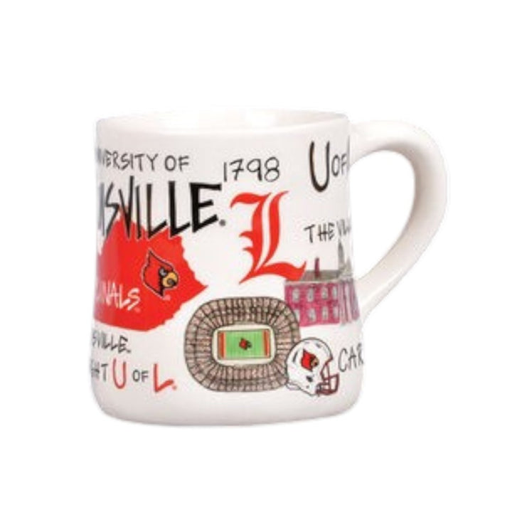 Mug with University of Louisville graphics and text on a white background