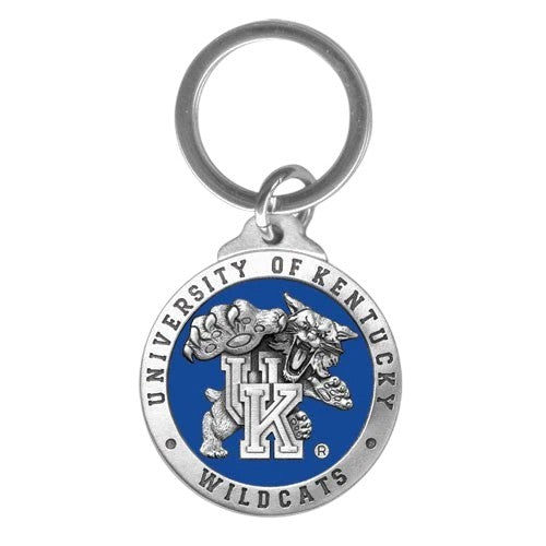 Front view of a University of Kentucky pewter key chain with detailed UK logo and polished finish.