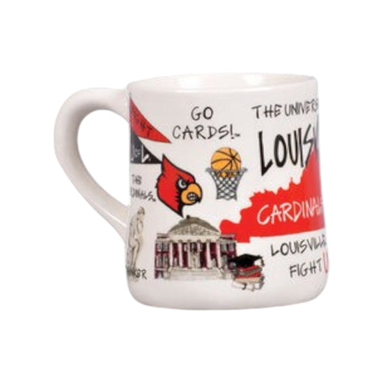 Mug with University of Louisville-themed design on a white background