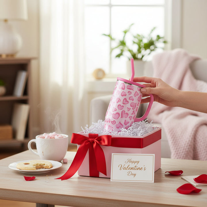 The Wild at Heart 40oz Mega Mug in a gift box on a table with a cup of hot chocolate and cookies.