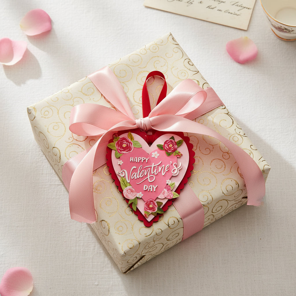 Gift box with pink ribbon and heart-shaped Valentine's Day card tag on a light background