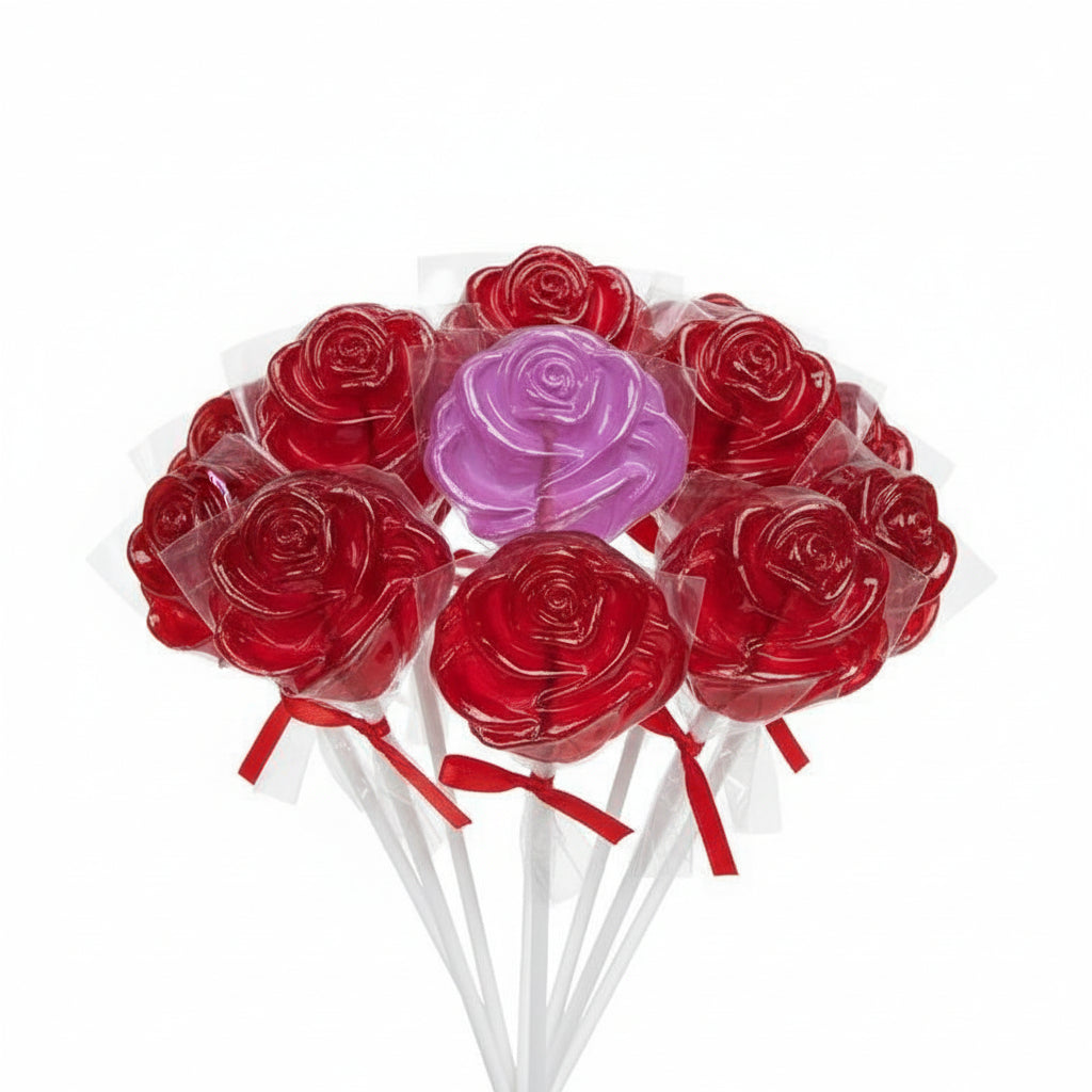 Red rose-shaped lollipops on sticks with one pink lollipop in the center against a white background