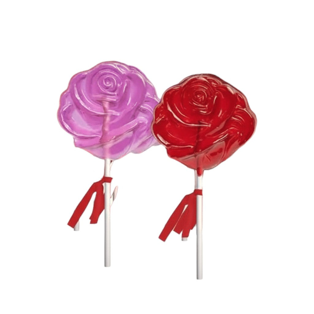Two rose-shaped lollipops, one purple and one red, on white sticks with ribbons against a white background.