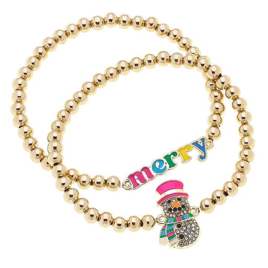A set of two 18K gold-plated ball bead stretch bracelets with festive charms.